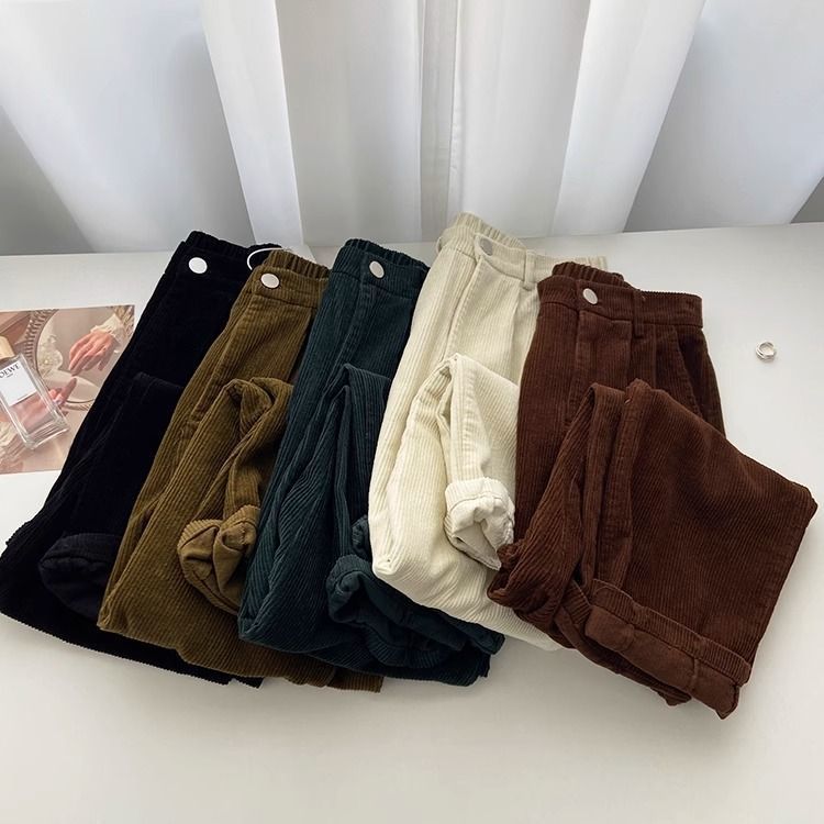 Retro Vintage Korean Fashion - Вельветовые брюки с высокой талией в