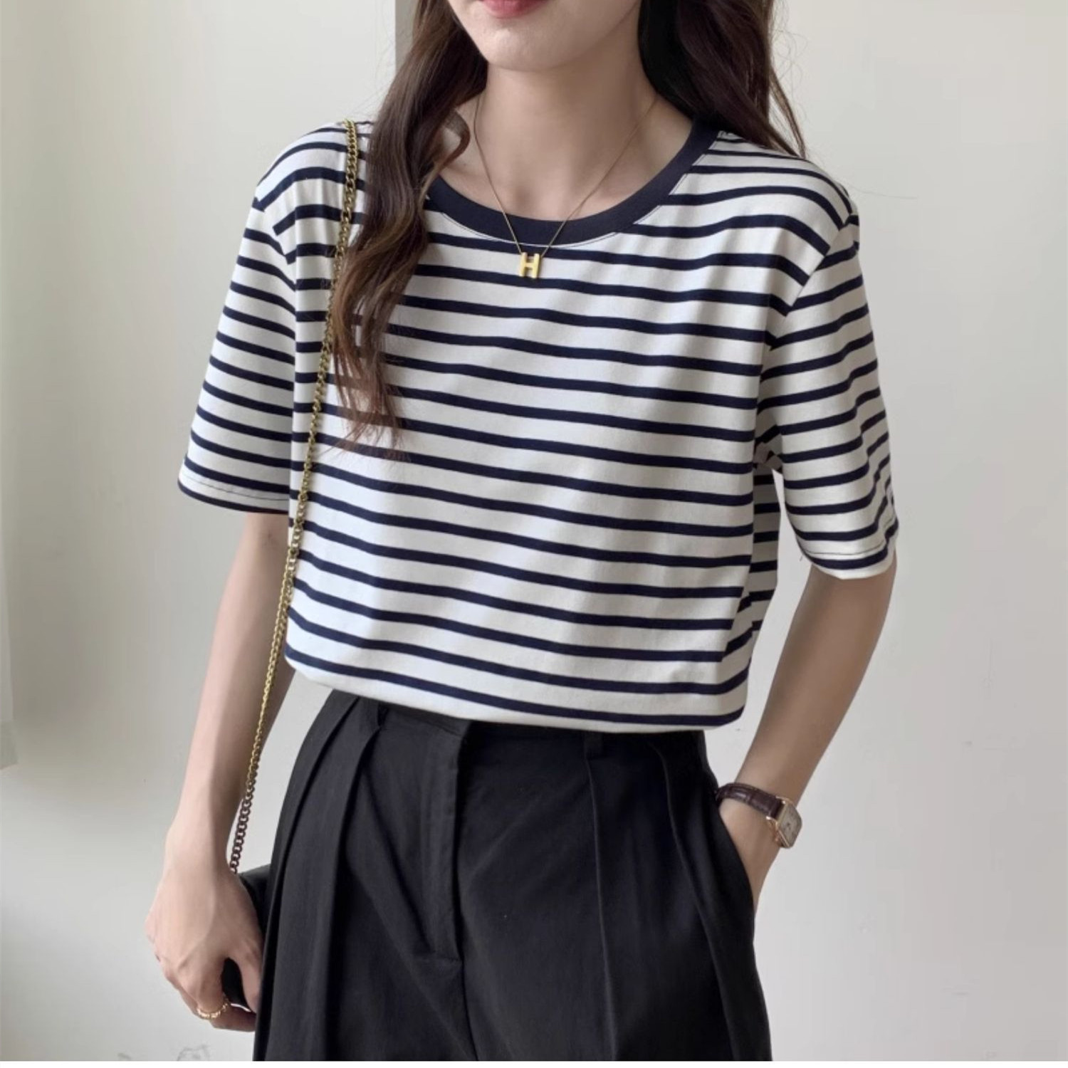 Retro Vintage Korean Fashion - Винтажная полосатая футболка для женщин в