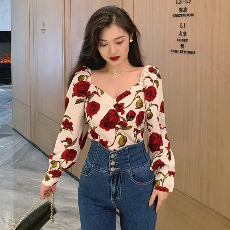 Блузка женская с V-образным вы – обзор и цена Retro Vintage Korean Fashion